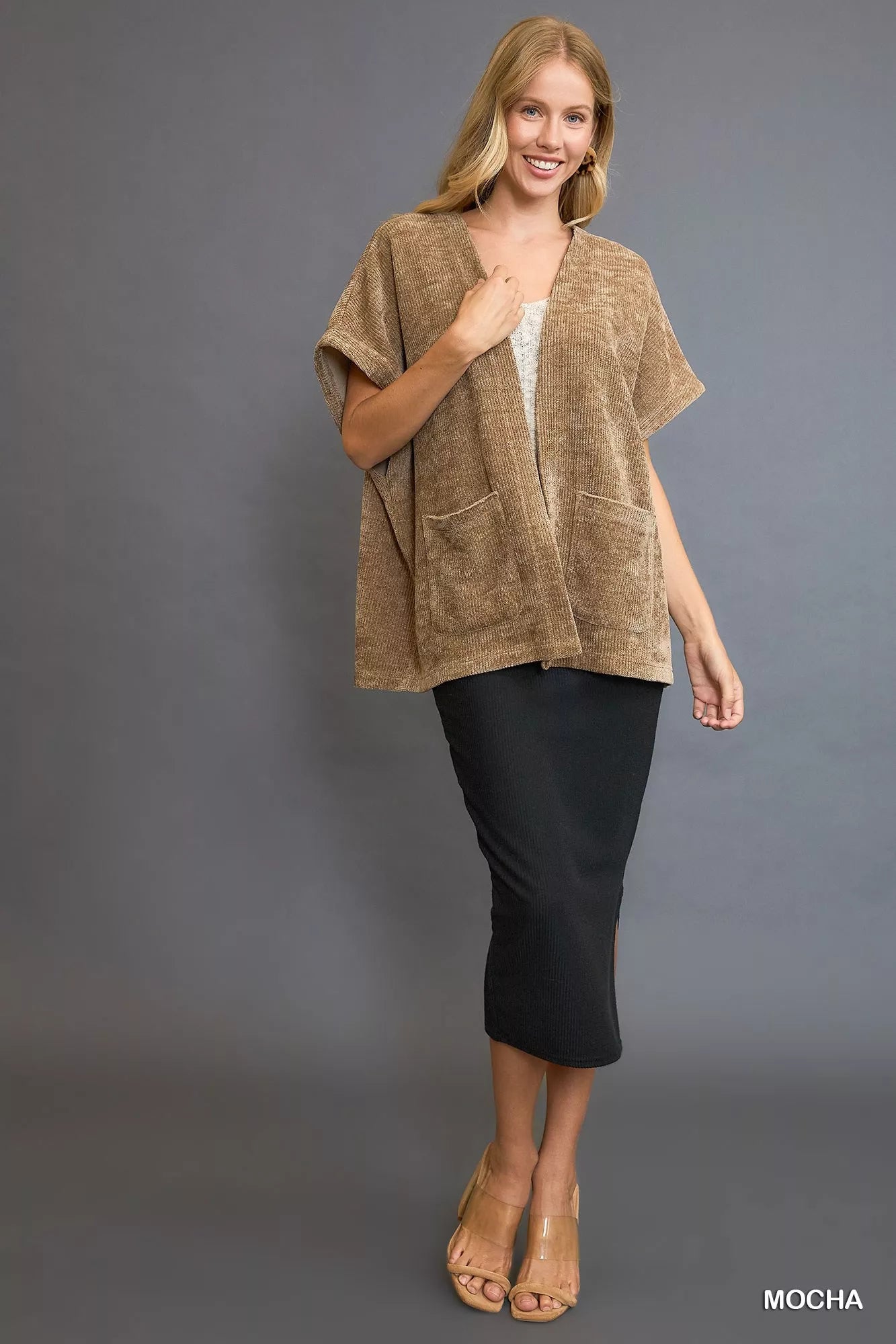 Open Front Knit Cardigan with Front Pockets