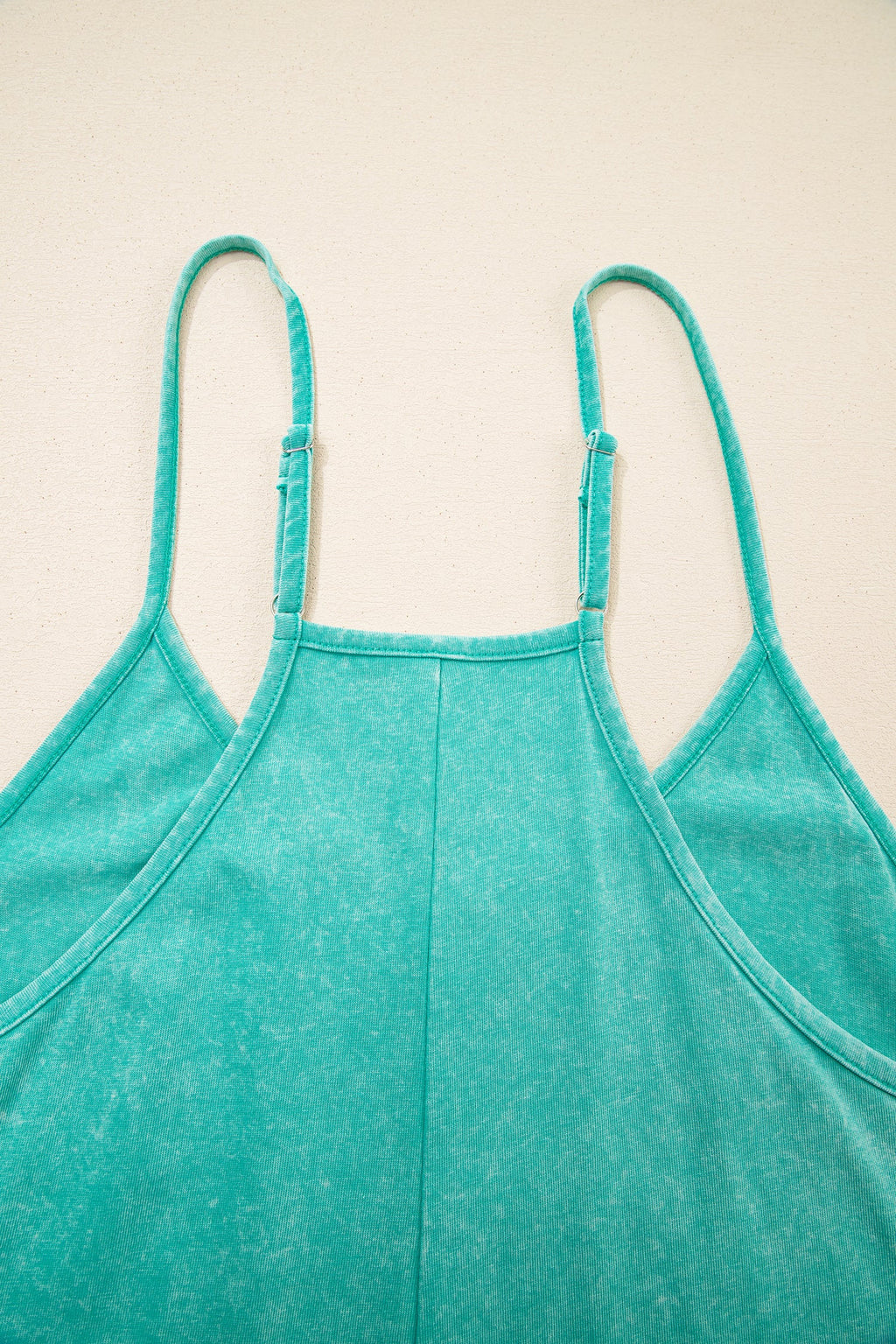 Mint Green Mineral Wash Spaghetti Straps Pocketed Romper