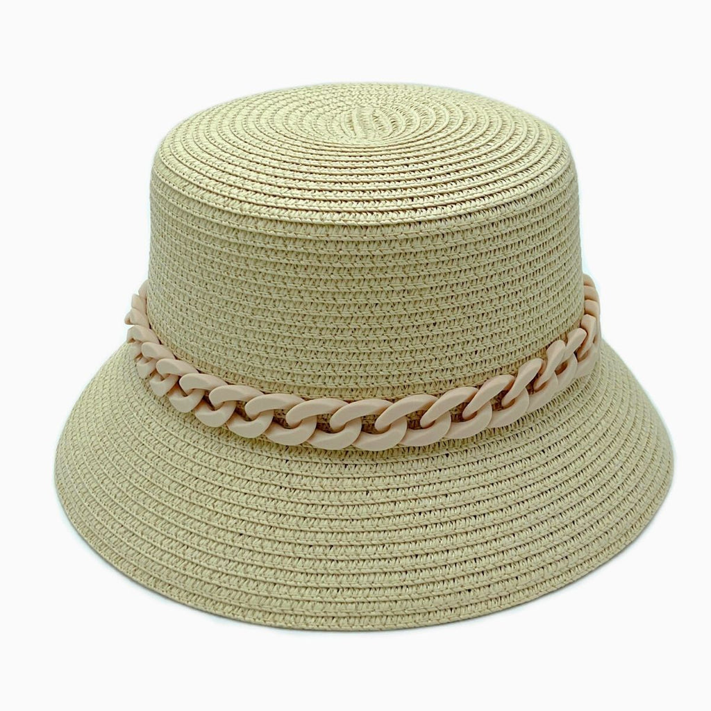 Bucket Hat Beige Straw Chain Stylish Casual Chic Accessory