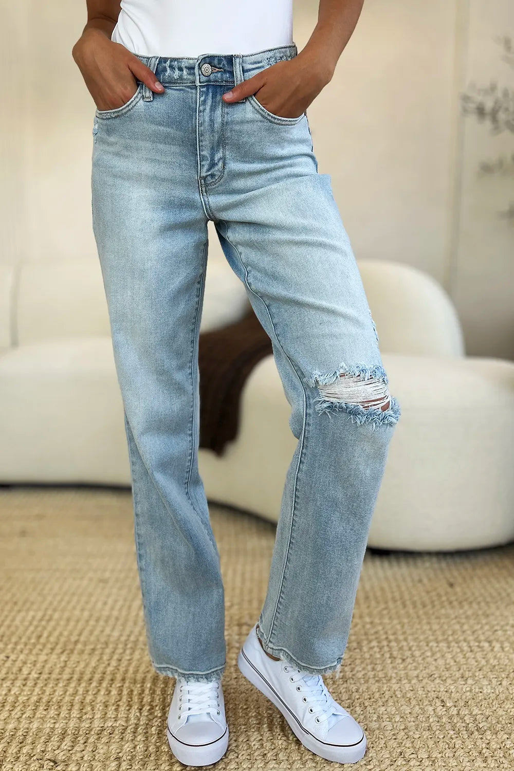 Full Size High Waist Distressed Straight Jeans