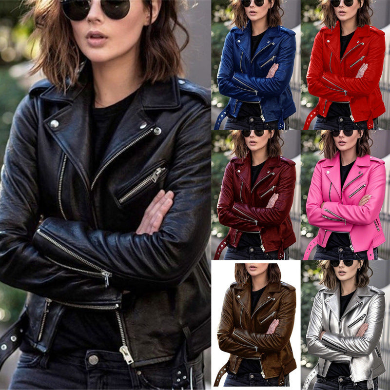 Women's Short Slim Fit PU Leather Jacket - Street Hipster Biker Style Coat
