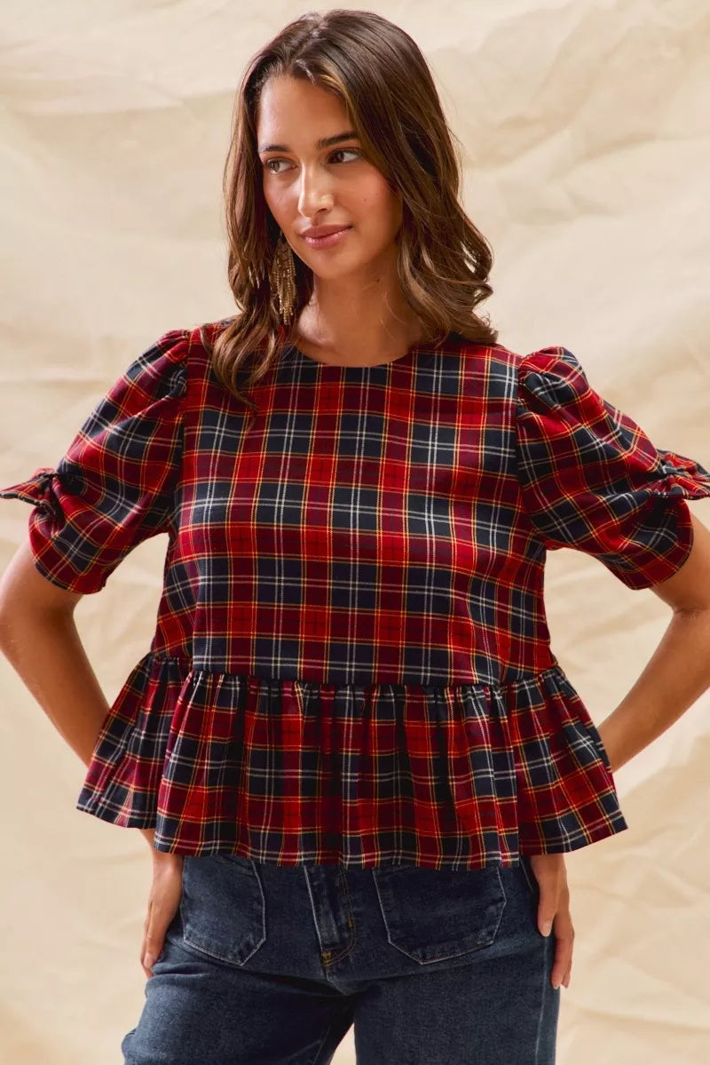 Christmas Holiday Plaid Ribbon Short Sleeves Top