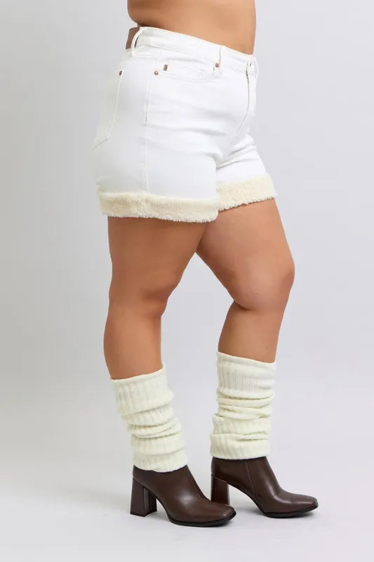 Full Size High Waist Shearling Cuff Denim Shorts Plus Size
