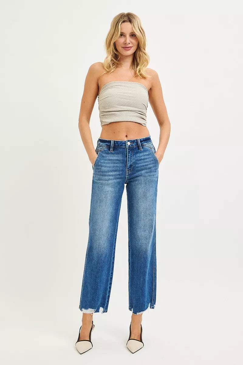 High Rise Ankle Straight Distressed Hem Detail Jeans