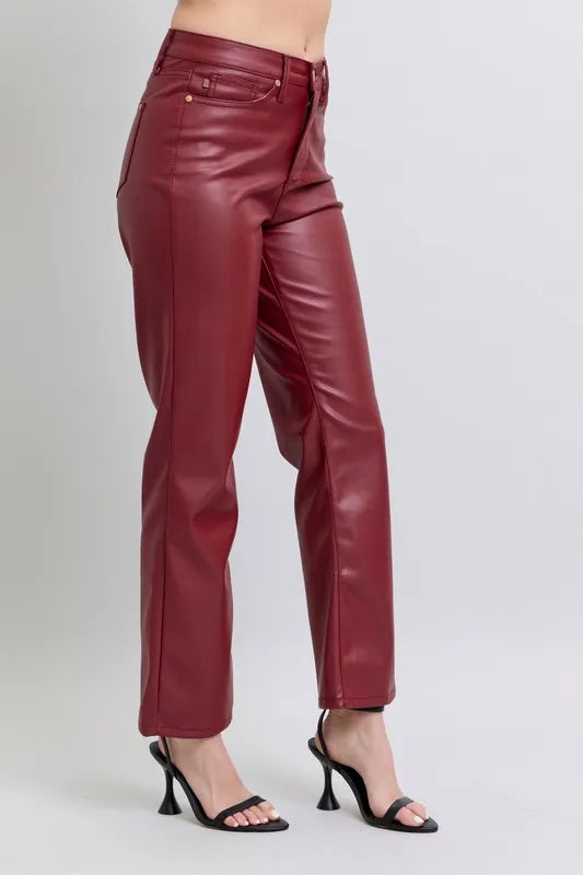 Full Size High Waist Tummy Control Faux Leather Straight Pants Plus Size