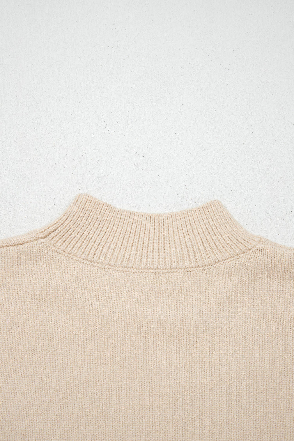 Parchment Corded Horseshoes Ribbed Trim Mock Neck Short Sleeve Sweater