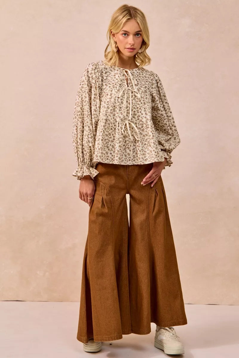 Floral Printed Peplum Blouse with Shirring and Tied
