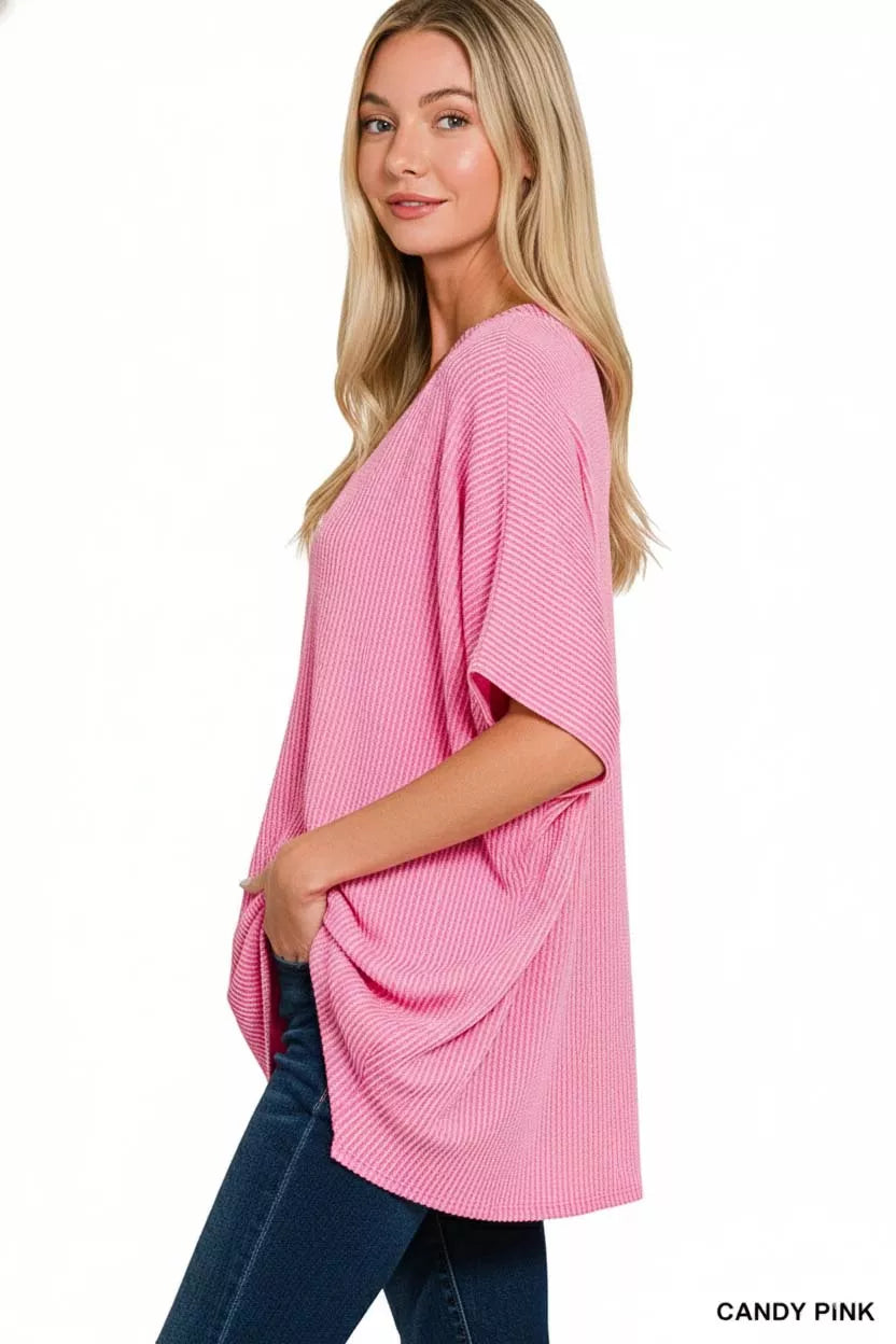 Raised Rib V-Neck Batwing Top