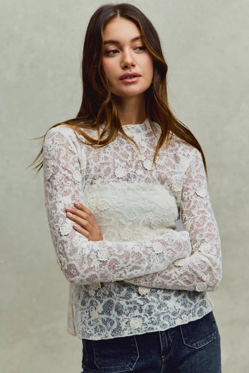 Lace Long Sleeve 3d Effect Floral Layering Top