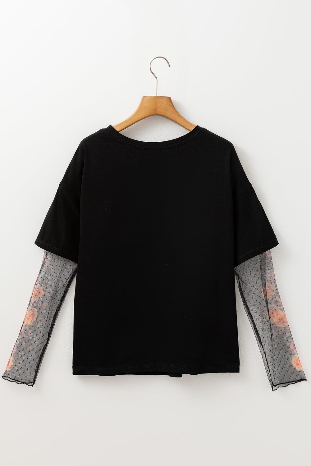 Fern Green Floral Mesh Patchwork Sleeve Crewneck Top