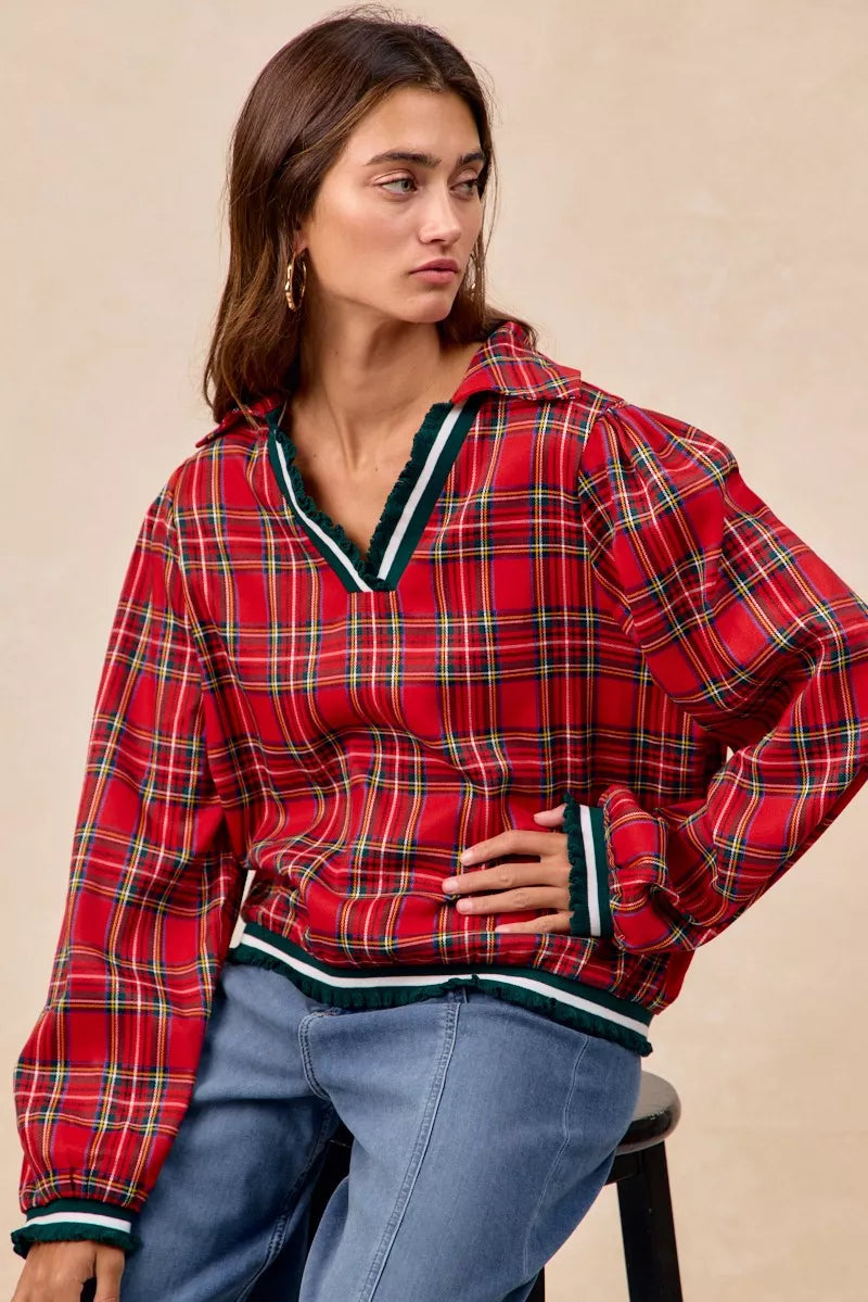 Christmas Plaid Collared Top with Ruffled Detail