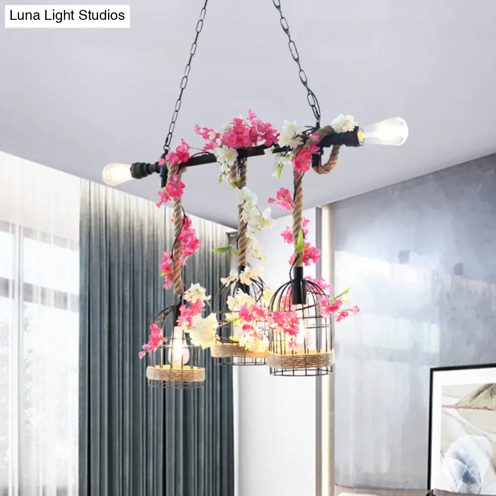 DecorBites™ 5-Head Birdcage Rope Island Light Fixture: Factory Red/Rose Red Metal Pendant Lamp with Artificial Maple Leaf/Blossom