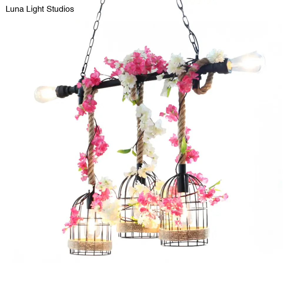 DecorBites™ 5-Head Birdcage Rope Island Light Fixture: Factory Red/Rose Red Metal Pendant Lamp with Artificial Maple Leaf/Blossom