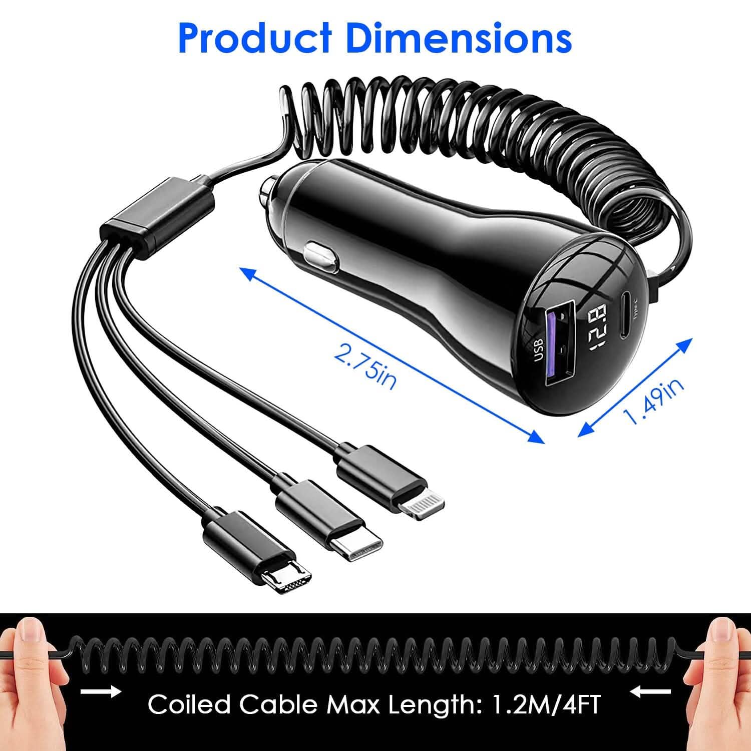 5-in-1 Fast Charge Car Charger QC PD USB Type C LT 5 Port with 4ft Coiled Cable