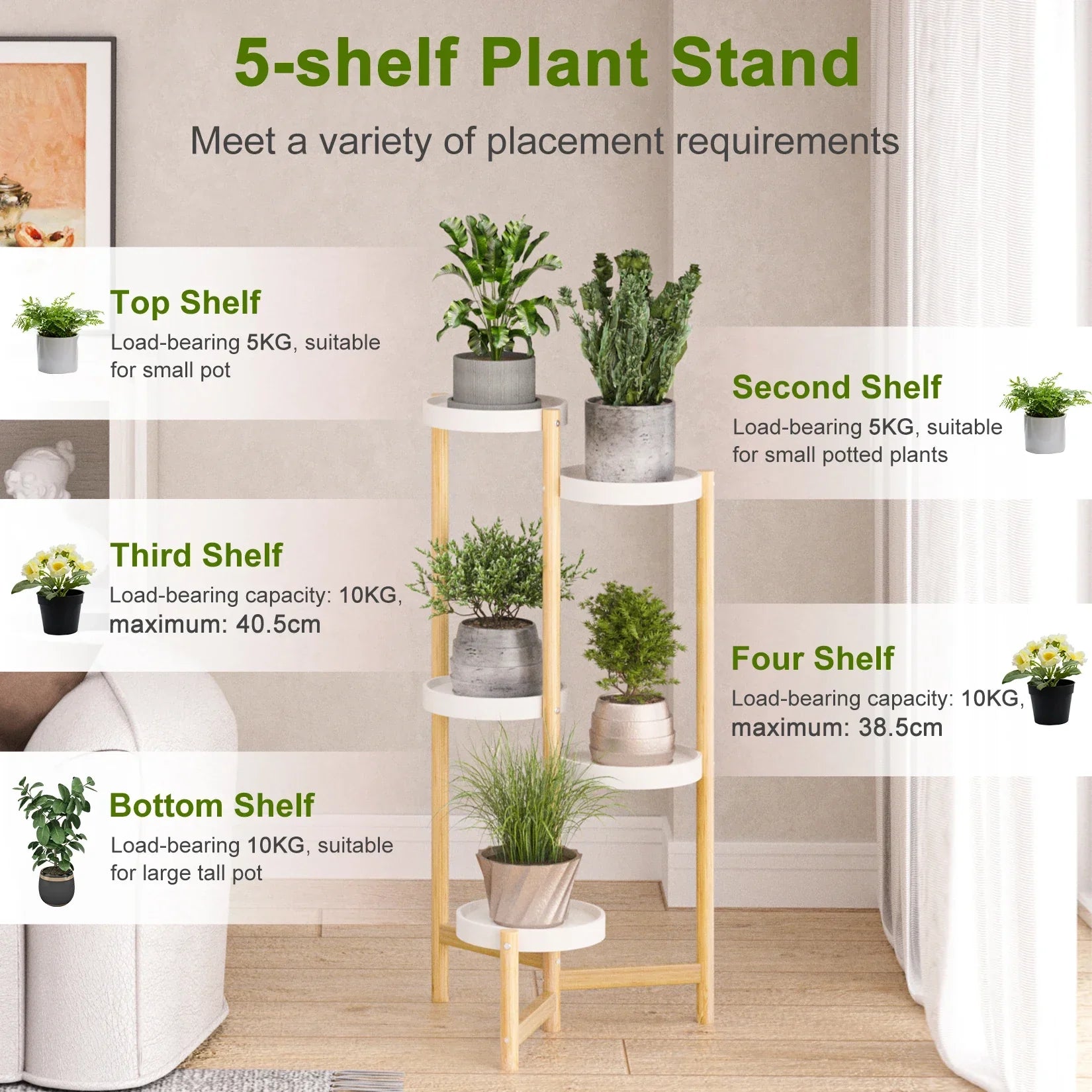 DecorBites™ 5-Tier Bamboo Plant Stand for Indoor and Outdoor