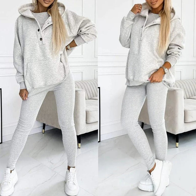 Casual Hooded Sweater Thickened Thread Fitted Vest Pants Three-piece Set See size chart under “more details”