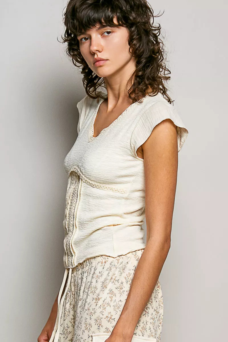 V-Neck Lightweight Textured Short Sleeve Knit Top with Lace Trim