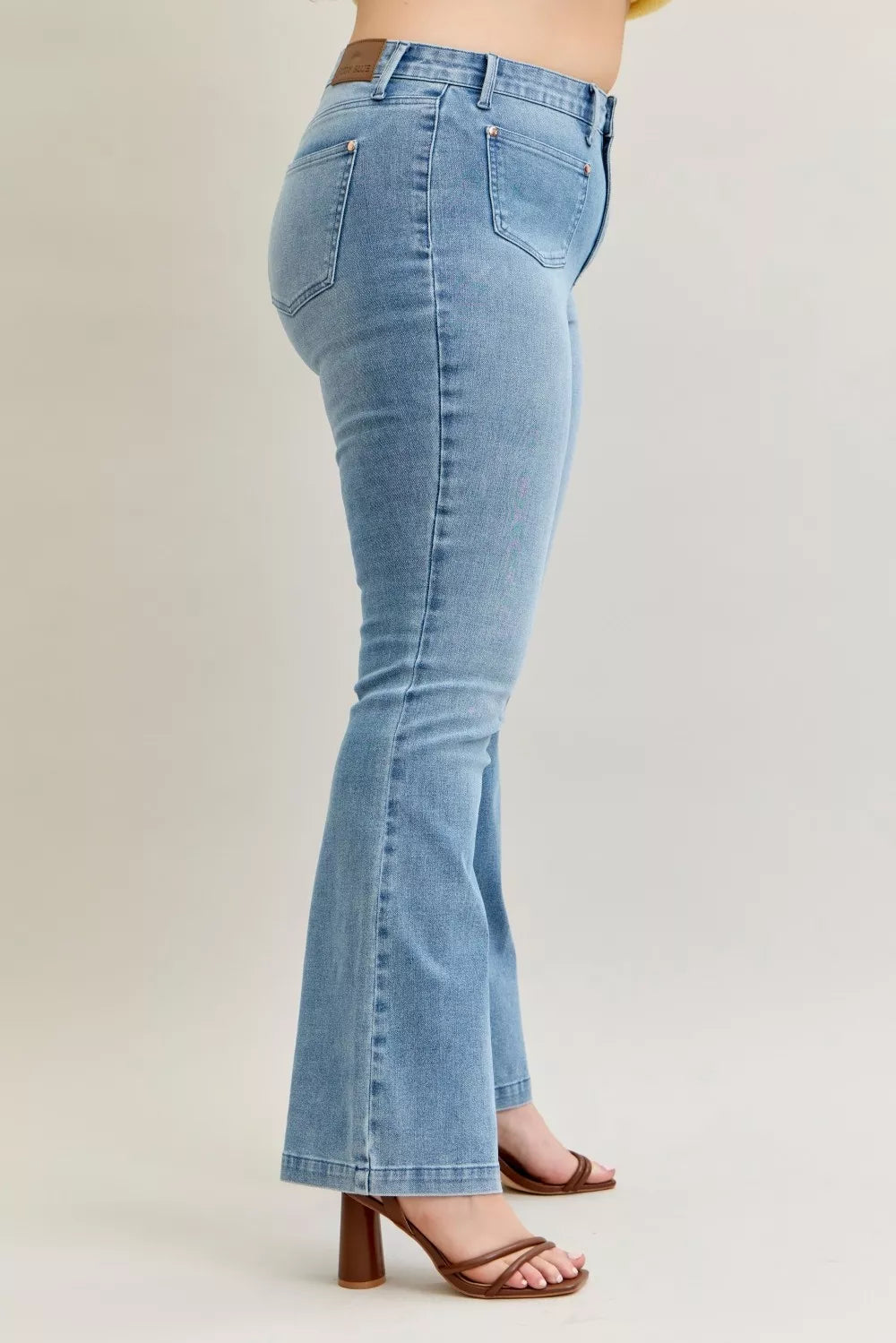 Full Size Mid Rise Bootcut Jeans with Contrast Wash & Front Patch Pockets Plus Size