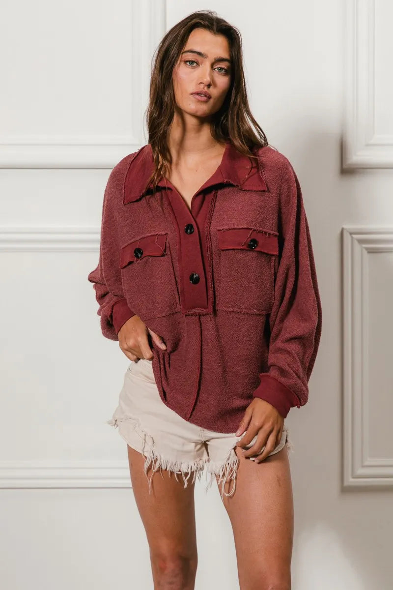 Cp French Terry Cut Edge Detail Collared Top