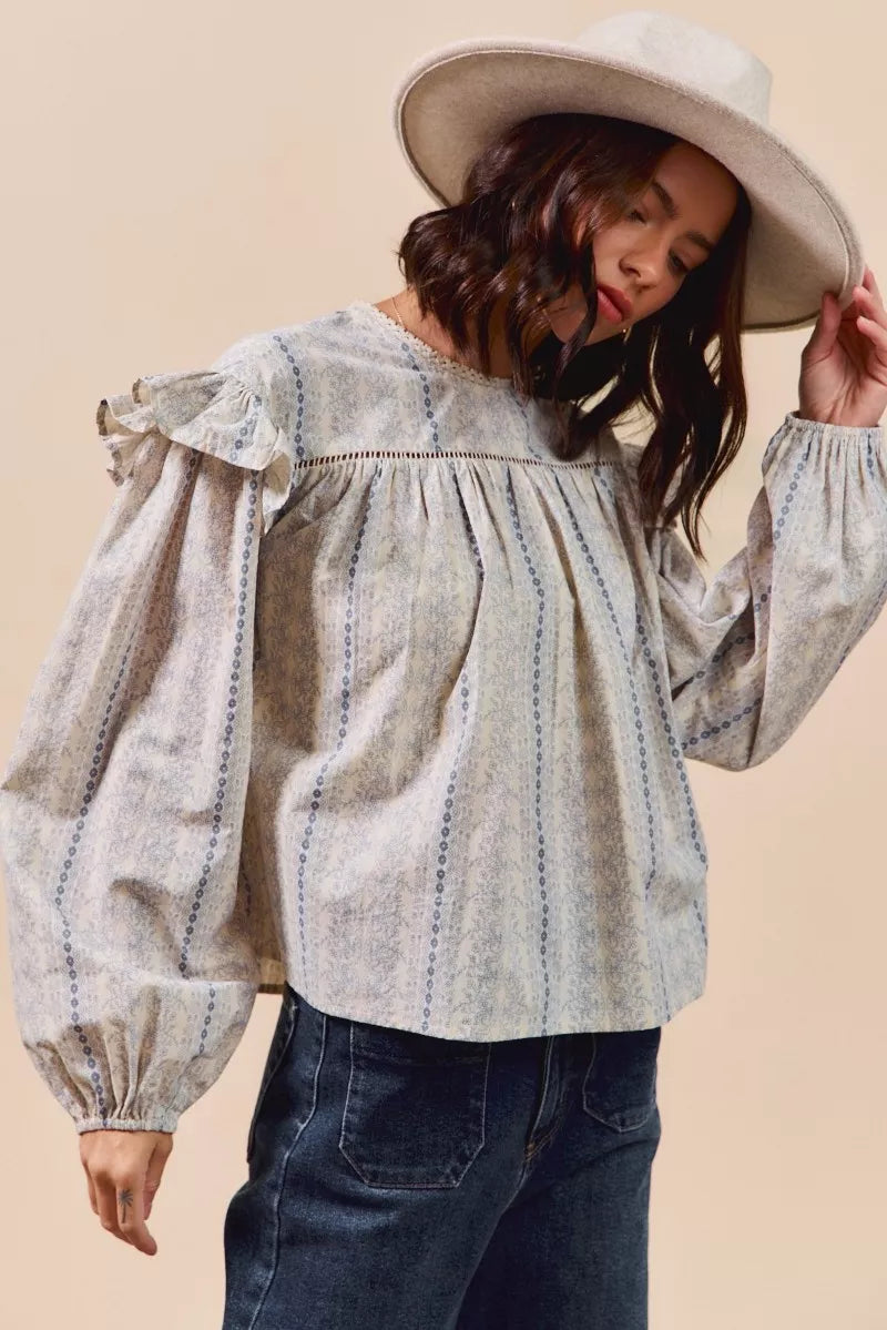 Floral Cotton Print Ruffled Long Sleeve Blouse