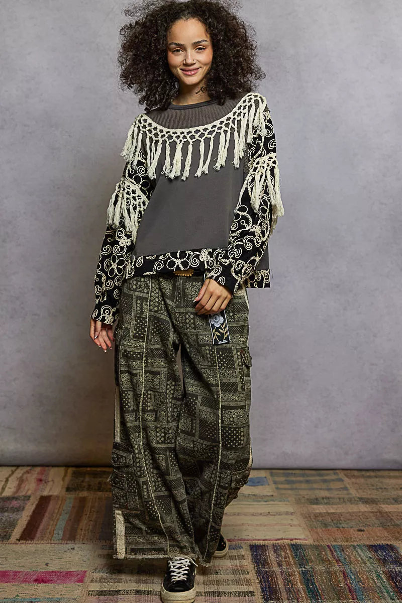 Contrast Floral Embroidery Balloon Sleeve Top with Tassel Trim