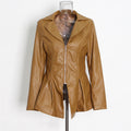 Women's Ruffled Hem PU Leather Jacket - Slim-Fit Motorcycle Style Coat with Suit Collar (Polyester/Spandex Blend)