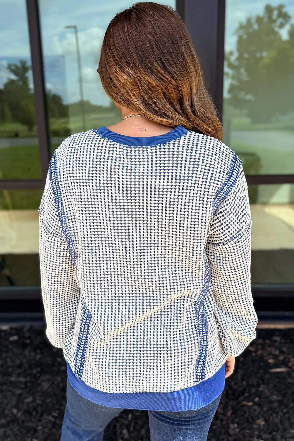 Dark Blue Waffle Knit Exposed Stitching Casual Top with Side Slits