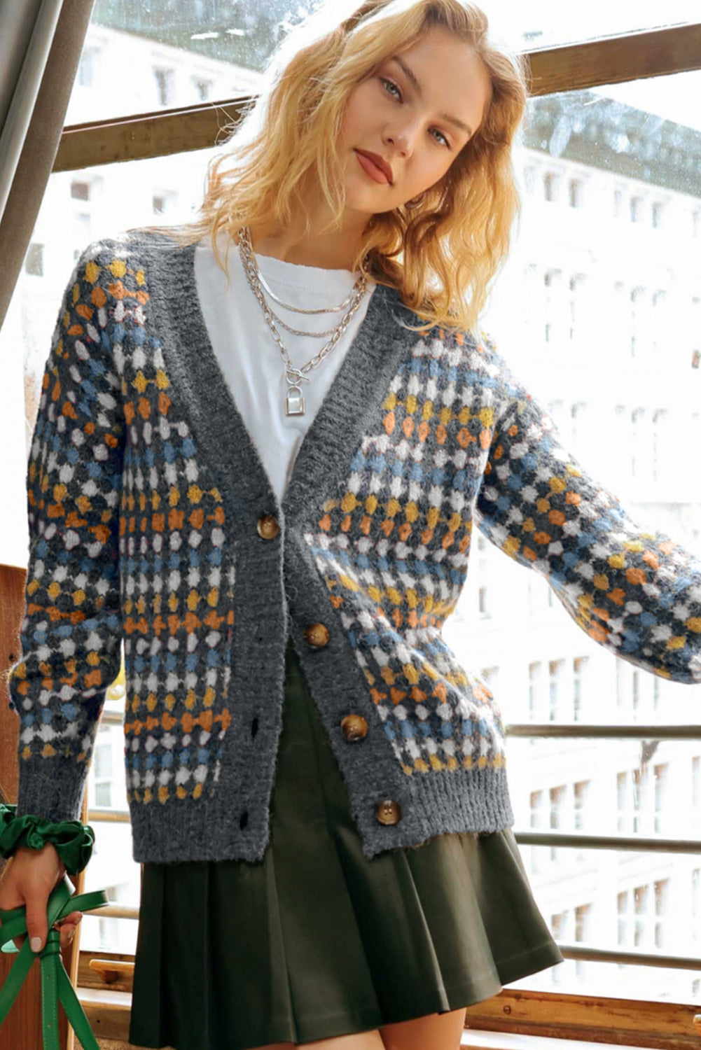Gray Dotty Pattern Knit Button Front V Neck Sweater Cardigan