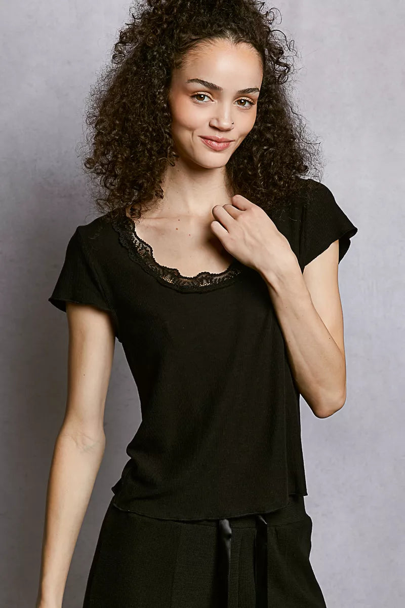 Round Neck Short Sleeve Crop T-Shirt with Lace Trim