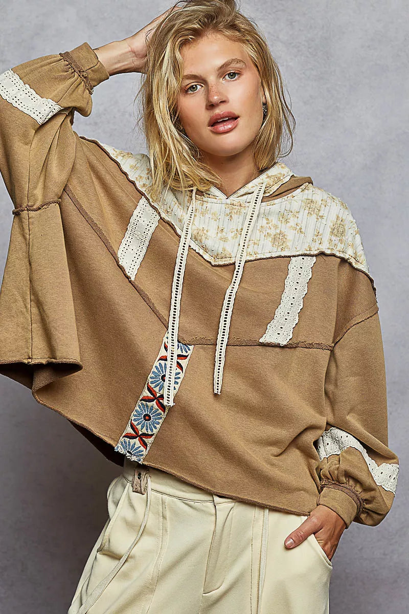 Drawstring French Terry Hoodie with Gauze Print Patch