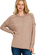 Full Size Melange Hacci Exposed Seam Hi-low Tee Plus Size