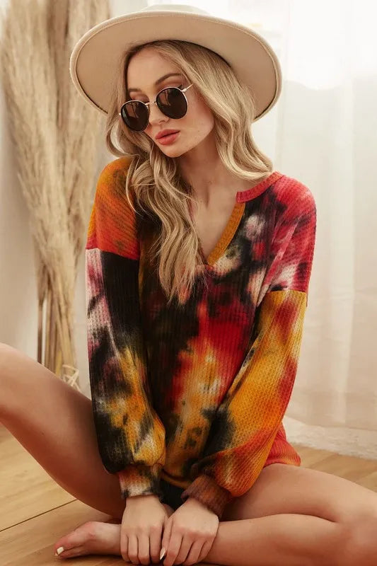 Tie Dye Brushed Waffle Top With Bubble Sleeves