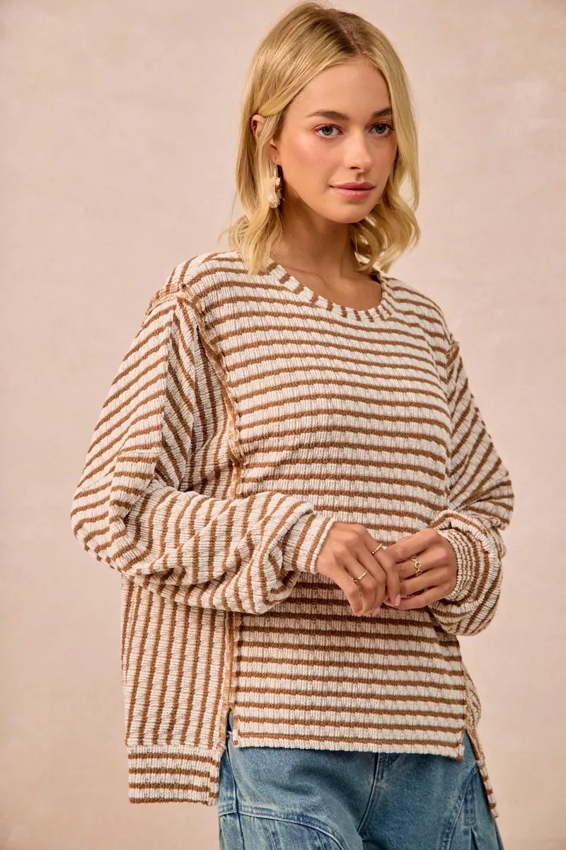 Open Seam Detail Textured Stripe Knit Top