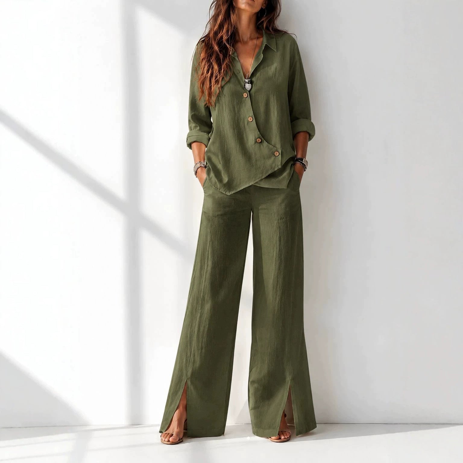 Women's Asymmetrical Long-Sleeve Top & Wide-Leg Pants Set