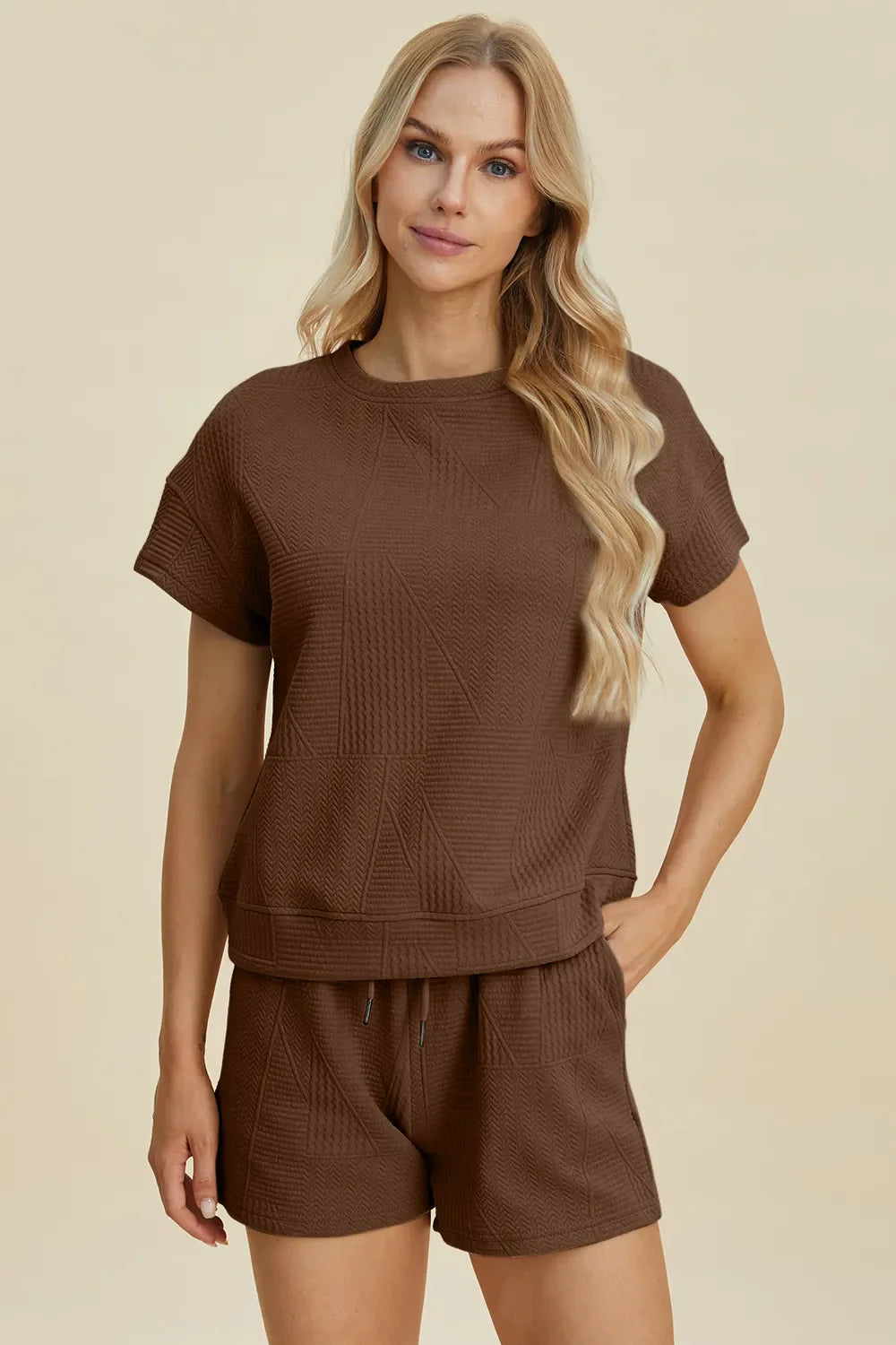 I am a Fashion Junky Full Size Texture Short Sleeve Top and Shorts Set