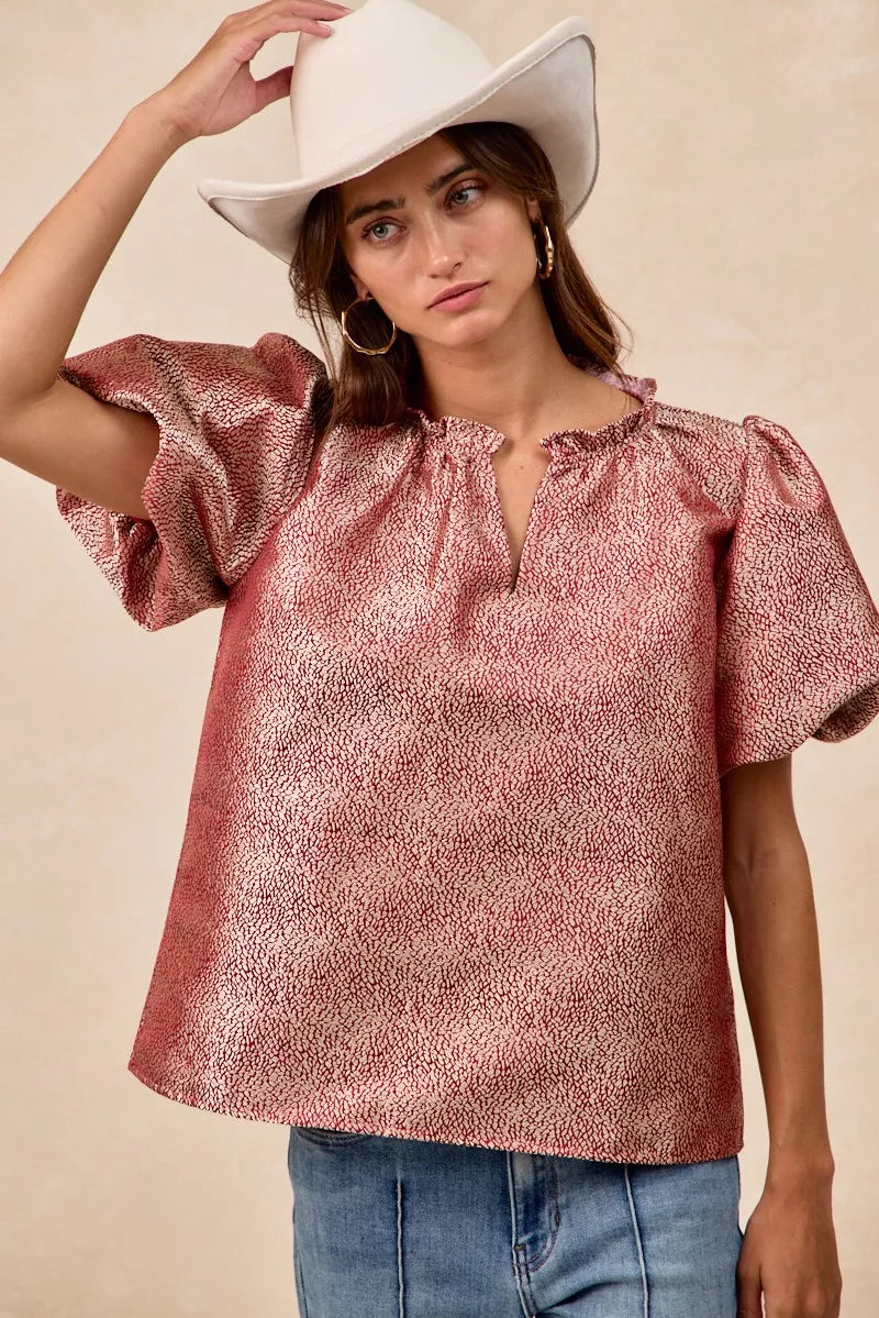 Jacquard Woven Short Balloon Sleeves V Neck Top
