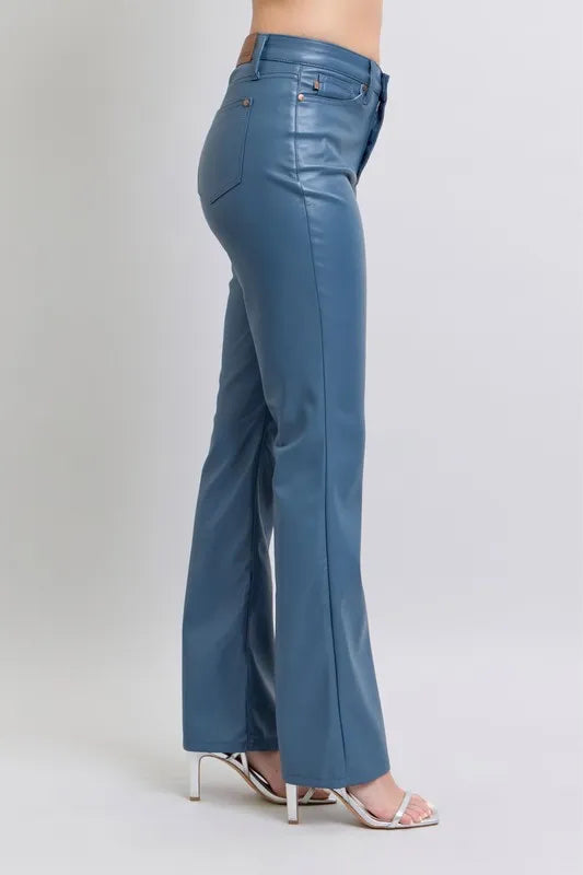 Full Size High Waist Tummy Control Faux Leather Bootcut Pants Plus Size