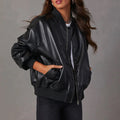 Women's Leather-Look Baseball Jacket - Long Sleeve Motorcycle Style Coat (Black/White/Brown, S-XL)