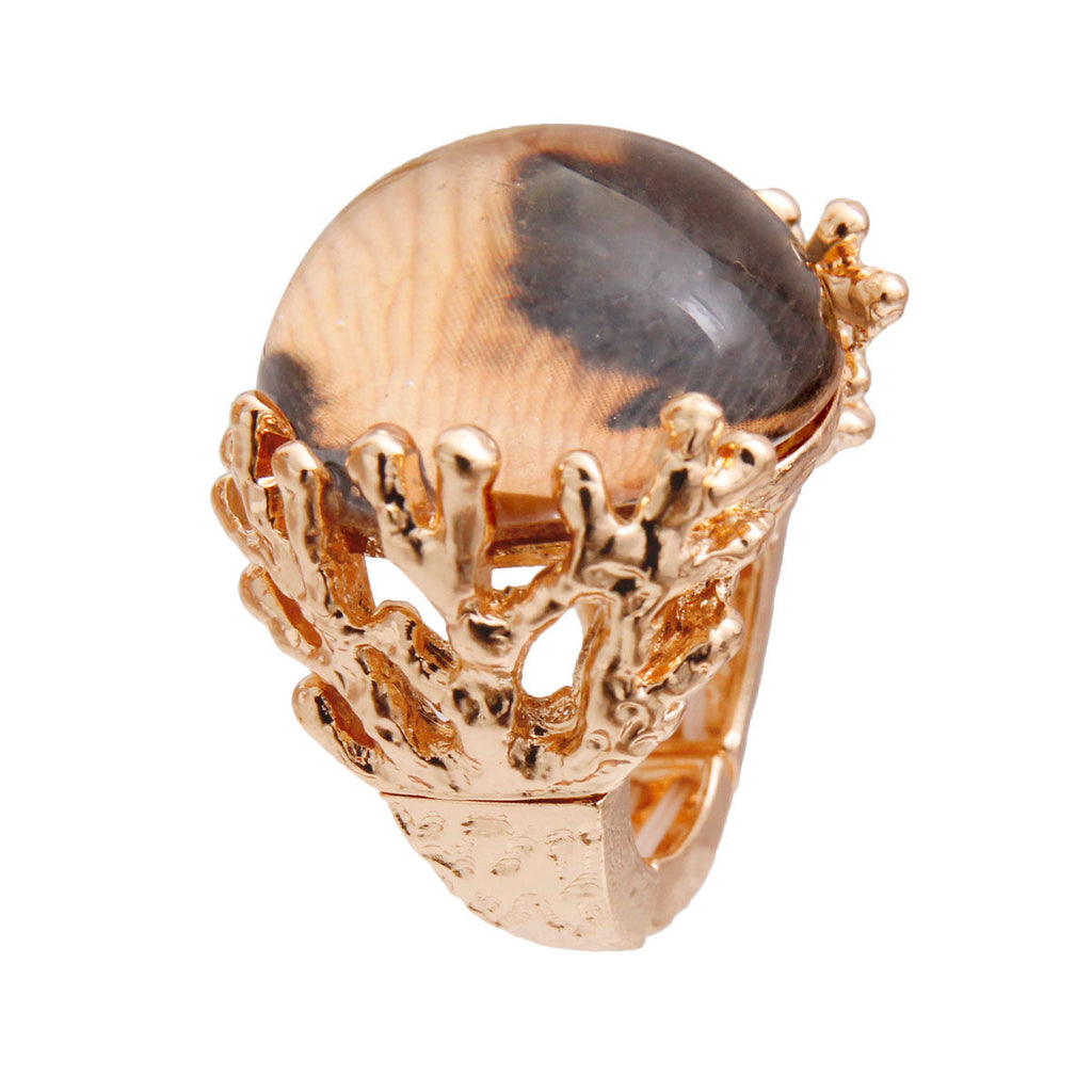 Stretch Gold Round Cocktail Ring with Leopard Print – Trendy Statement Jewelry