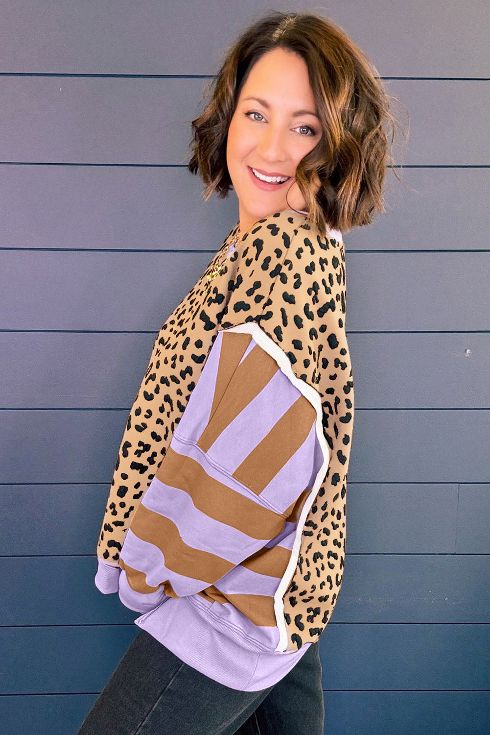 Purple Leopard Striped Patchwork Plus Size Loose Sweatshirt