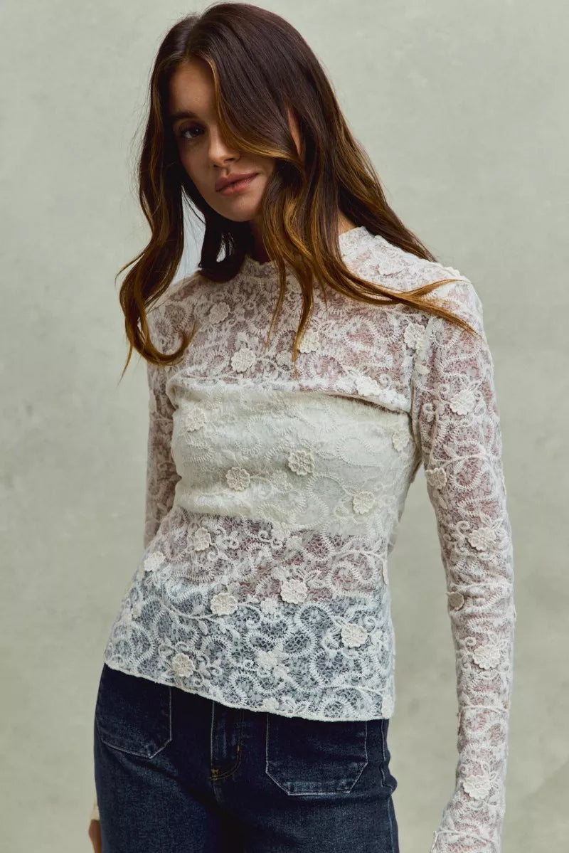 Lace Long Sleeve 3d Effect Floral Layering Top