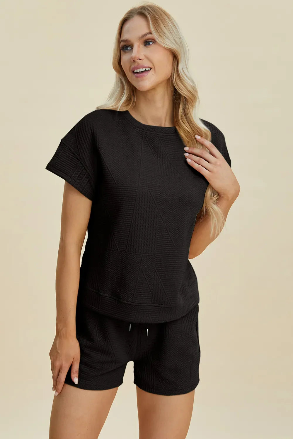 I am a Fashion Junky Full Size Texture Short Sleeve Top and Shorts Set