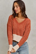 Chenille Cable Knit V Neck Contrast Cropped Sweater