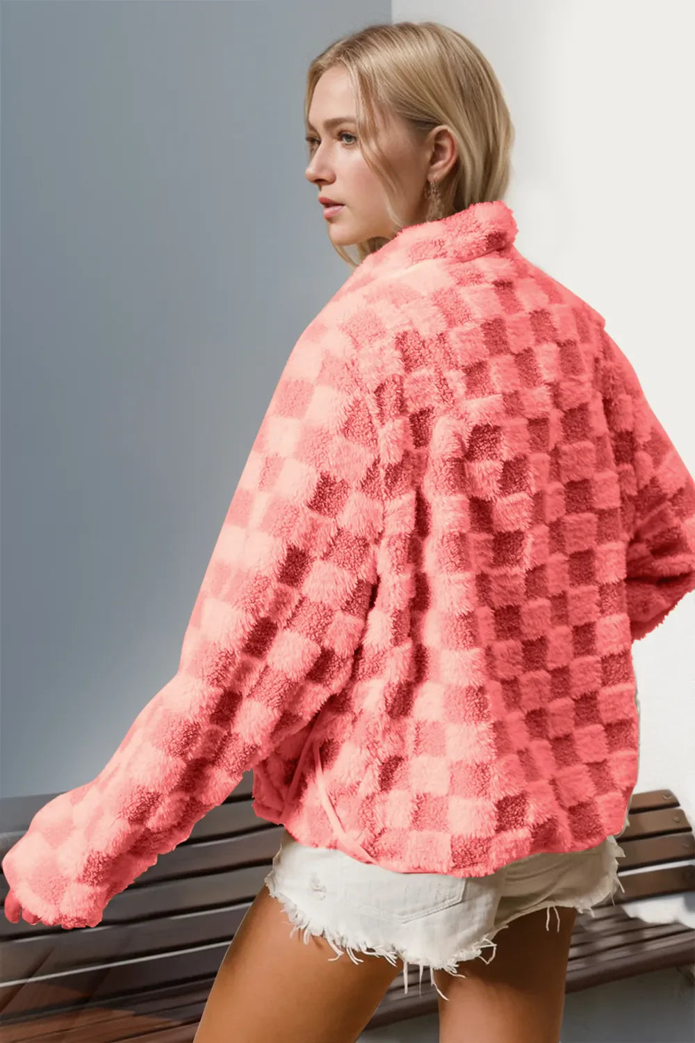 Double Take Checkered Long Sleeve Fuzzy Jacket – Soft and Cozy Comfort See size chart under “more details”