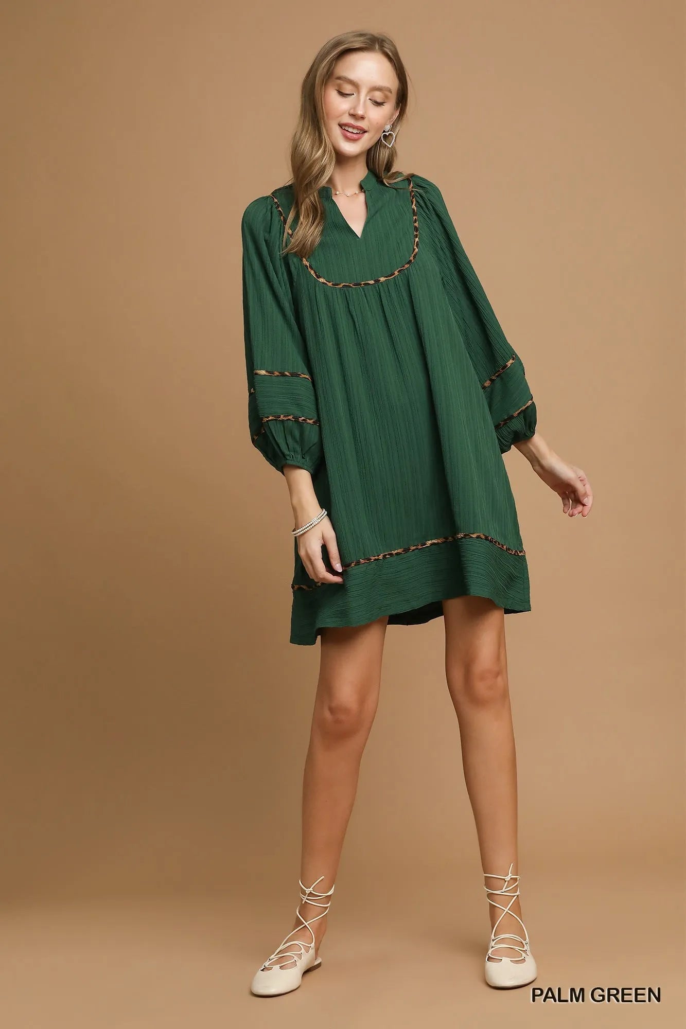 Textured Babydoll Dress with Leopard Trim