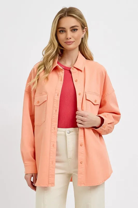 Full Size Button Down Long Sleeve Denim Shacket with Chest Pockets Plus Size