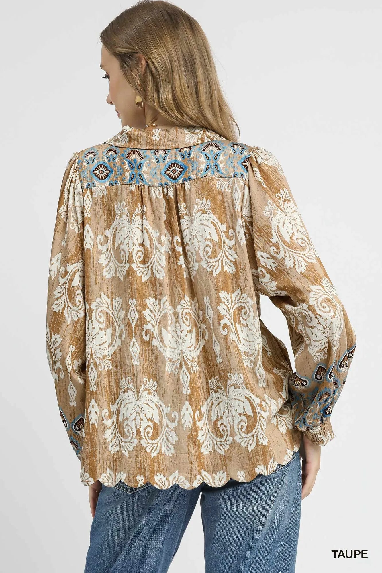 Floral Boho Blouse with Scalloped Hem