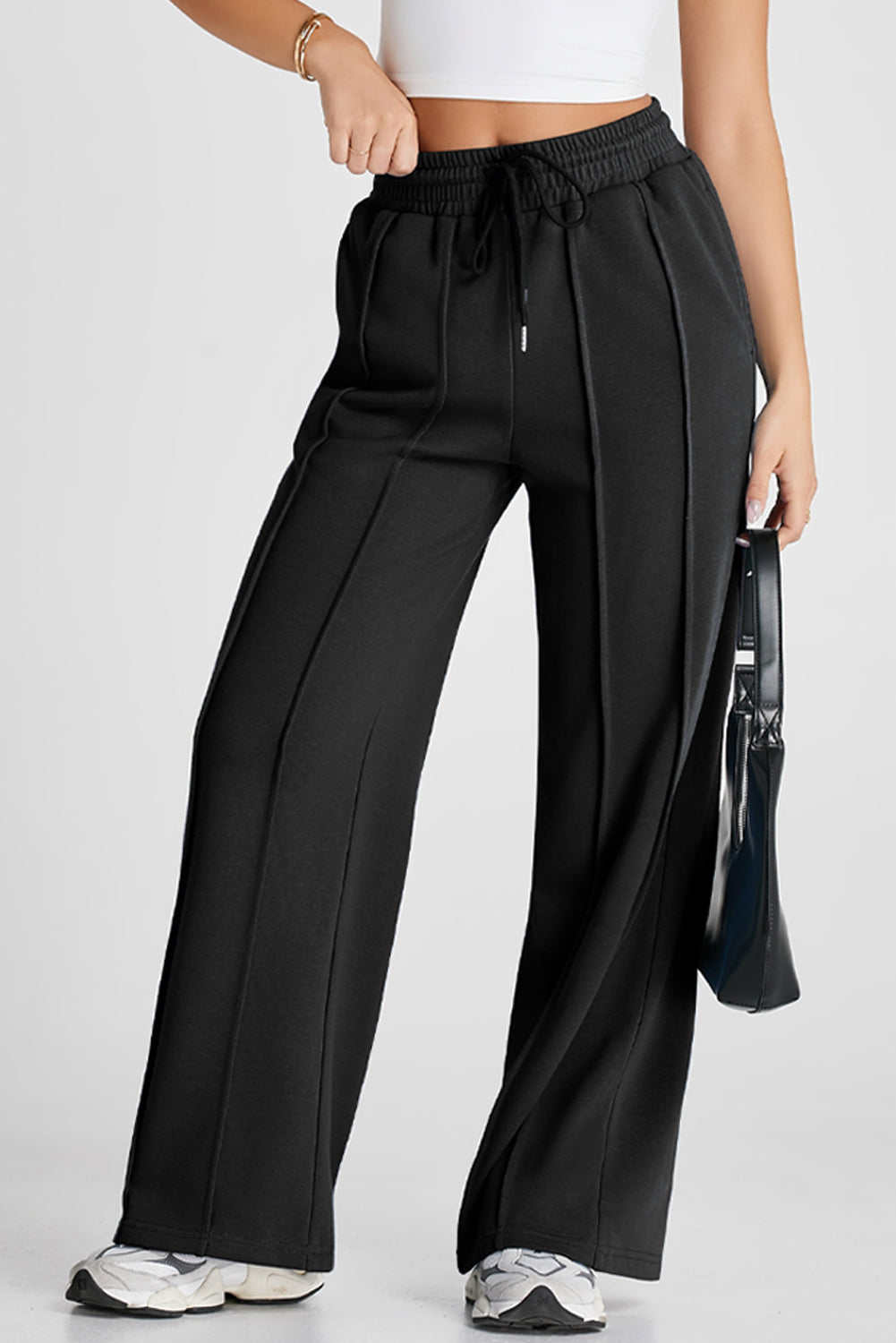Black Seamed Drawstring High Waist Wide Leg Sweatpants