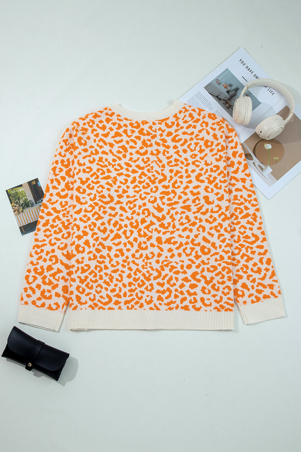 Orange Leopard Drop Shoulder Chunky Knitted Cardigan Sweater