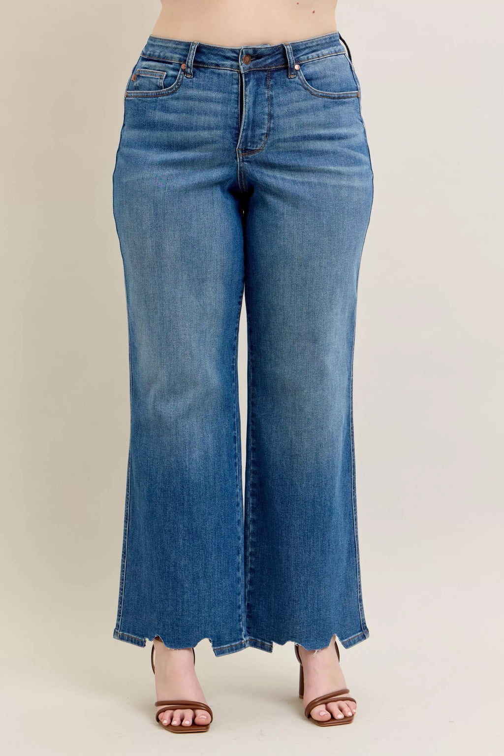 Full Size High Waist Tummy Control Chew Hem Destroy Wide Jeans Plus Size